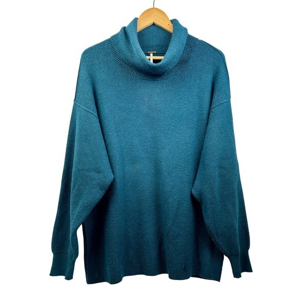 Free People Oversized Turtleneck Sweater Womens Medium Teal Blue Cozycore Fall - Picture 1 of 7